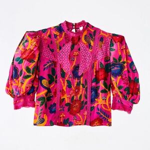 Farm Rio Sweet Forest Pintuck Lace-Trim Blouse – Sweet Forest Pink – Size M